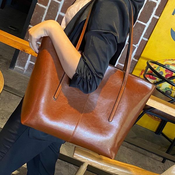 

evening bags 2021 leather women's bag european and american style oil wax simple large cowhy tote one-shoulder sloping
