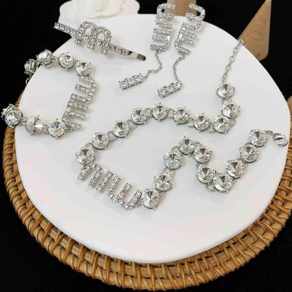 

design jewelry miao / 2021 new letter water full diamond long earrings temperament high version bracelet necklace female, Silver