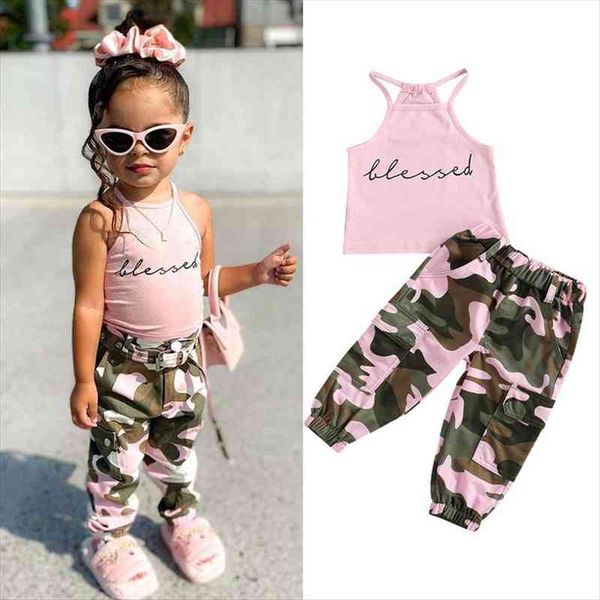 

1-6years fashion toddler kids girls summer clothes letter print halter tanks camouflage pants cotton casual outfits, White