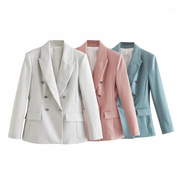 

women's suits & blazers woman elegant pink slim double breasted blazer 2021 autumn fashion female solid long sleeve office ladies basic, White;black
