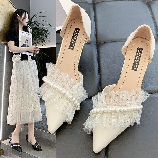 

dress shoes female pointed stiletto lace rhinestone two-piece 8cm mid heel slip-on pumps 2021 fashion spring summer women high heels, Black