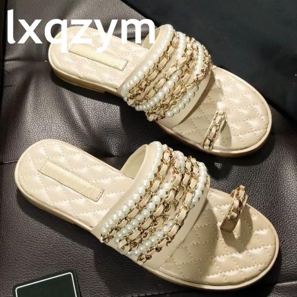 

slippers comfortable string bead women sandals summer shoes flat pearl casual 2021 luxury designed, Black