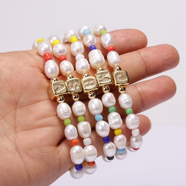 

charm bracelets 5pcs/lot natural freshwater pearl beaded bohemia cz initial 26 alphabet letter name for couples girl gift, Golden;silver