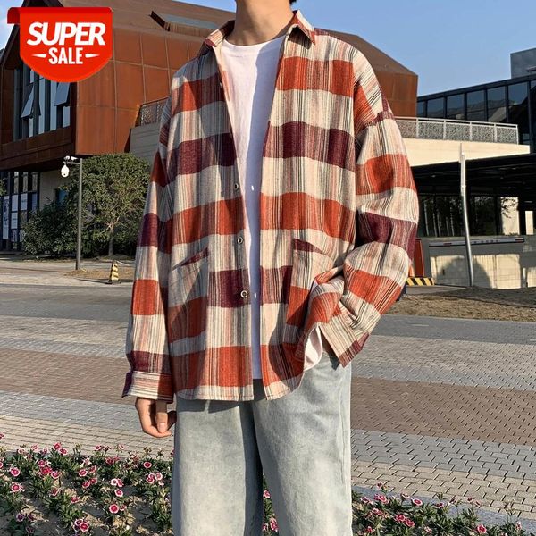 

2020 men's lattice printing hawaiian shirt male long sleeve leisure student loose coat french cuff mens fashion shirts #6a5b, White;black