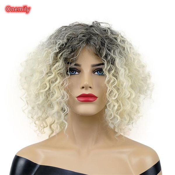 

synthetic wigs onemily blonde short curly shaggy layered jumbo afro heat resistant fiber fluffy natural for women, Black