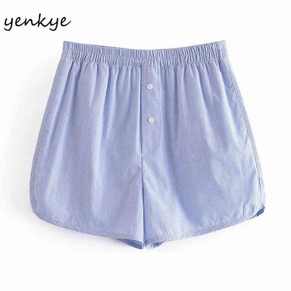 

light blue striped shorts women elastic high waist casual short femme summer pantalones cortos de mujer 210430, White;black