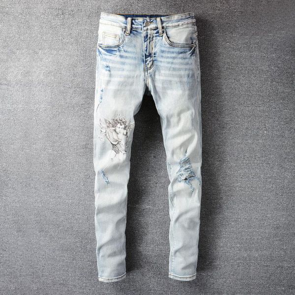 

men's jeans street style fashion men retro light blue elastic slim ripped printed designer hip hop denim hole pencil pants