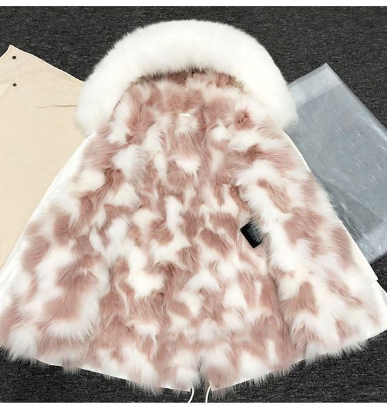 Alta Qualidade Lavish Raccoon Furs Trim Mulheres Parka Mmi Branco Rosa Multicolour Fox Fur Lined Marfim Canvas Mini Jaqueta