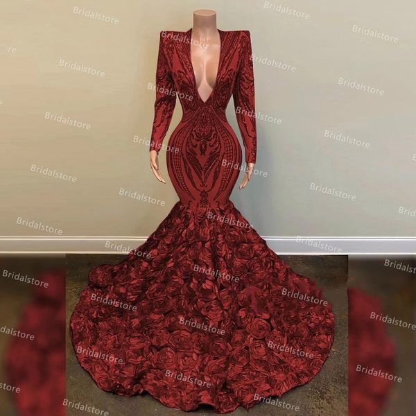 Chic Burgundy Mermaid PLUS Платья для черных девушек с крючком кружева сексуальное V-образным вырезом с длинным рукавом вечернее платье 2021 3D роза цветок нижняя плотное формальное платье