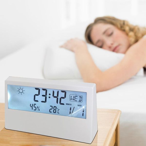 

digital desk alarm clock with calendar and temperature humidity weather condition modern table & clocks