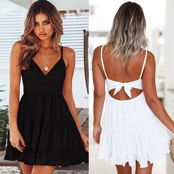 

women white lace halter dress summer sleeveless boho mini strappy dresses female beach v neck solid color party sundress, Black;gray