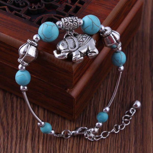 

carved elephant pendant tibetan silver turquoise link chain bracelets dymtqb027 fashion gift national style women men's diy bracelet, Black