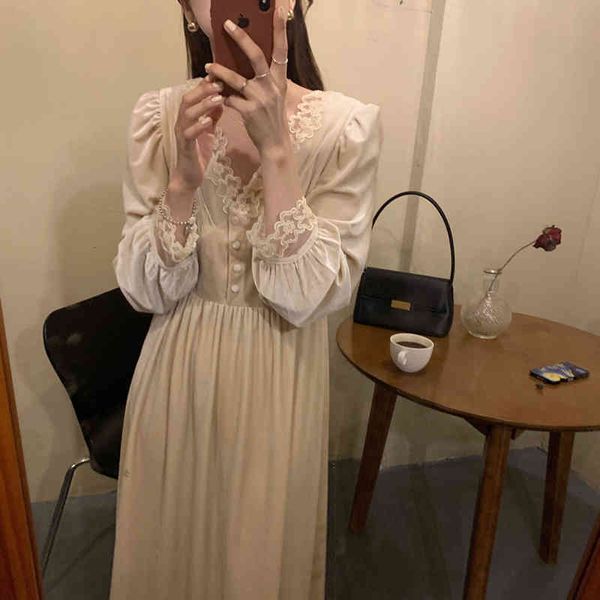 

dresses chic veet sweet long women korean lace patchwork retro elegant v-neck party female vestidos, Black;gray