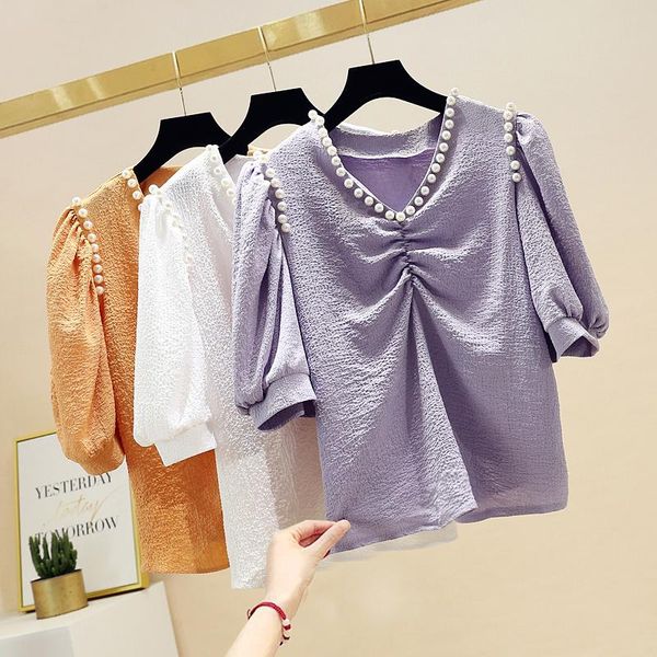 

women's blouses & shirts sleeve blouse ladies 2021 summer beaded v-neck hlaf shirt solid pleated blusas korean top, White