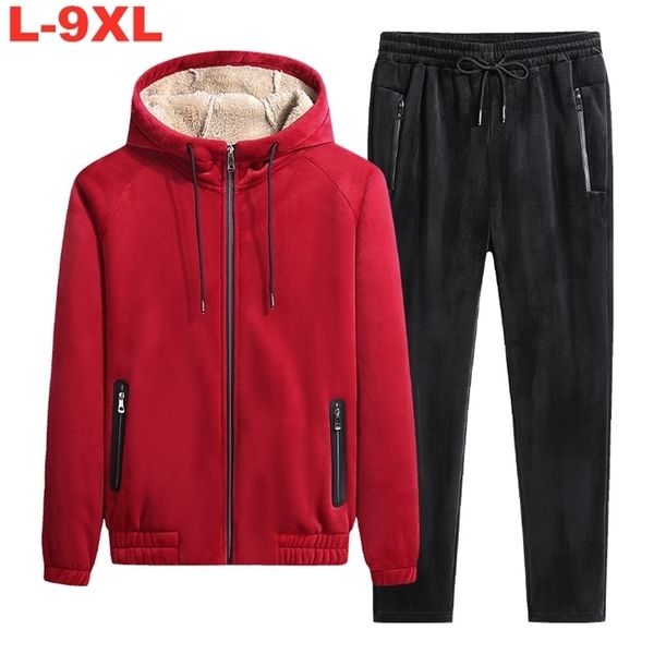 

plus size 9xl 8xl 7xl men 2 piece sets fleece tracksuits winter thicken hoodie sweatpants set male zipper hooded sportswear suit 211220, Gray