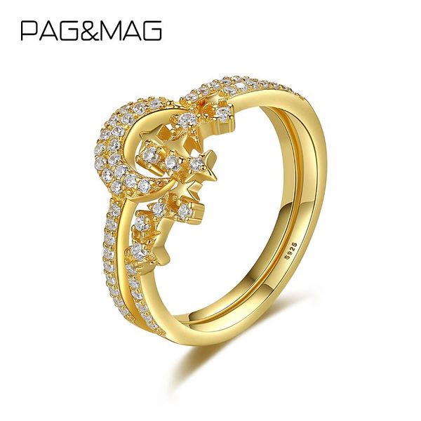 

cluster rings pag&mag cute moon & star clear zircon multilayer for women 925 sterling silver ring stackable finger fine jewelry gifts, Golden;silver