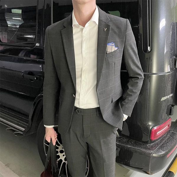 

men's suits & blazers british style plaid 2 pcs set jacket+pants wedding for men striped one button slim business casual social male cl, White;black