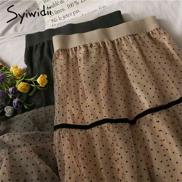 

polka dot mesh spliced elastic high waist skirt women mid-calf casual ball gown spring summer fashion skirts 210607, Black