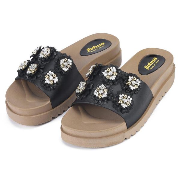 

slippers sagace fashion ladies flat with shoes women's wild thick-soled sandals flowers set toe wear non-slip 2021, Black