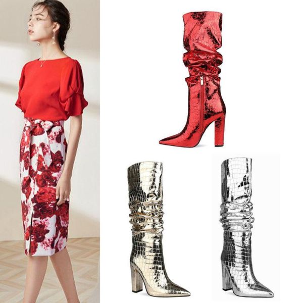 

boots fashion knee high women pleated pointed toe heels solid sexyleather party shoes zapatos de mujer 2021, Black