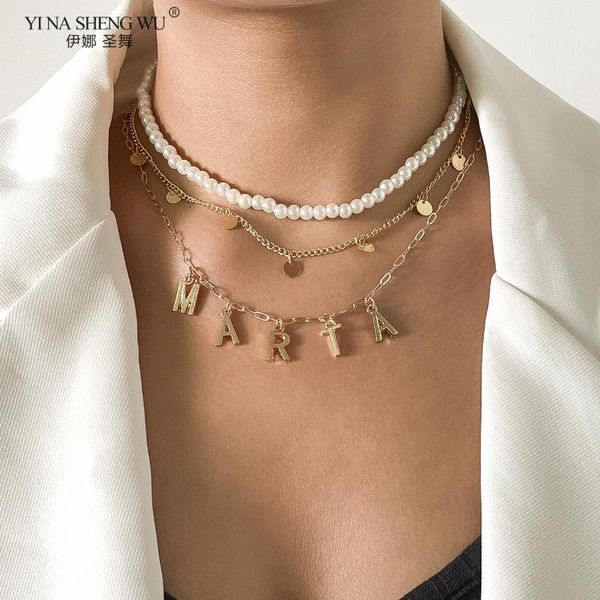 

chokers bohemia multilayer tassel letter charm imitation pearls necklaces for women vintage gold silver color collar, Golden;silver