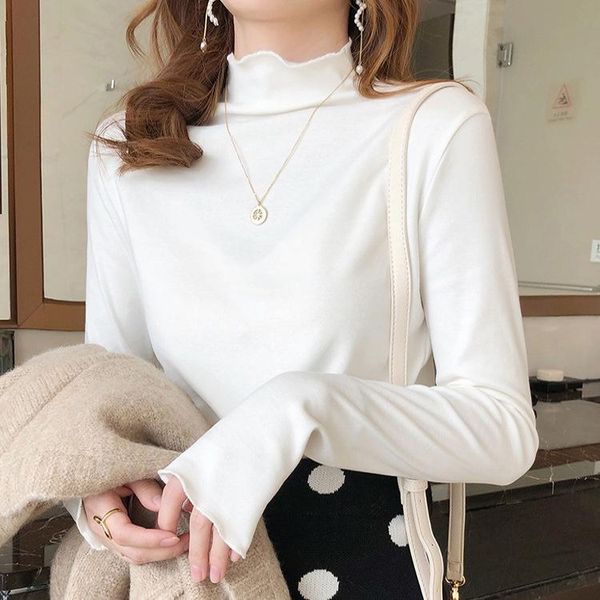 

half-high collar long-sleeved sparkling bottoming shirt with wood ears shirts for women woman tshirts women's t-shirt, White