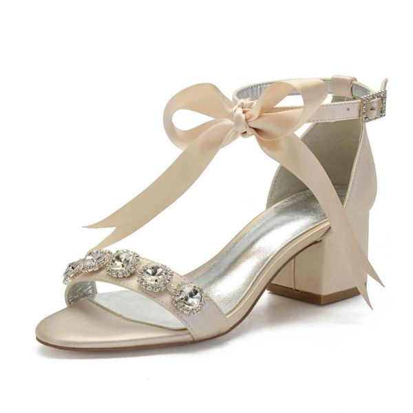 

sandals elegant lady satin dress shoes block chick heels crystal ribbon bow ankle strap big stone bridal wedding party prom shoe g2kt, Black