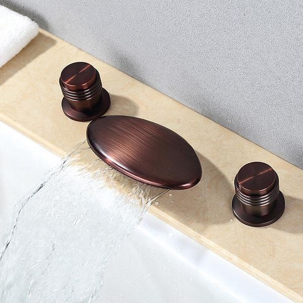 

bathroom sink faucets antique brown solid brass waterfall faucet art double handle three holes high-quality basin mixer faucet-b