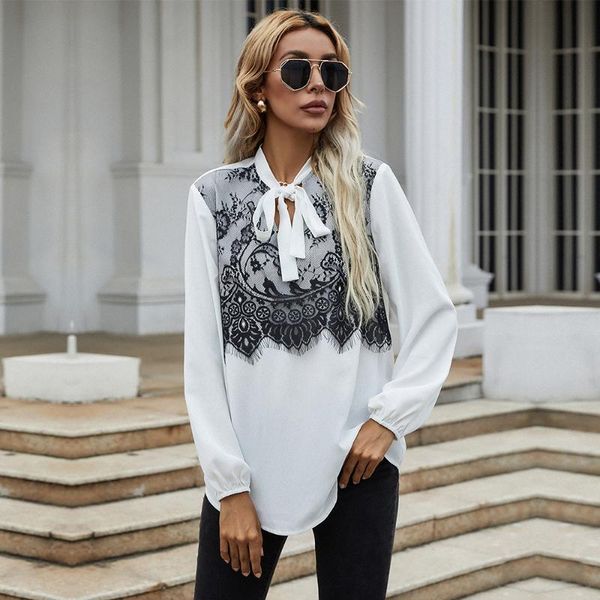 

women's blouses & shirts autumn lace patchwork blouse for women 2021 casual bow lantern sleeve solid color pullover ladies elegant, White