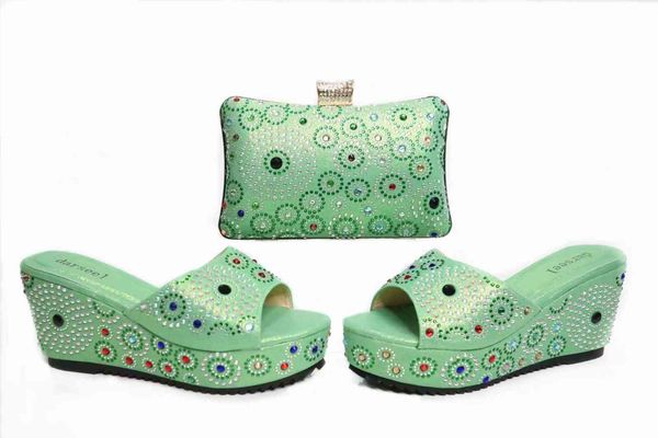 

green color wedge heels matching bag summer platform shoes, Black