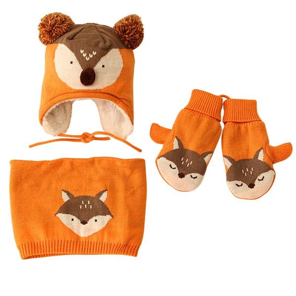 

caps & hats autumn winter baby girls boys mittens hat scarf animal printed beanie cap with neck warmer gloves, Yellow