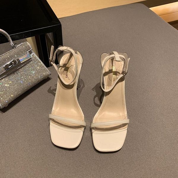 

buckle female sandal high heels 2021 summer comfort shoes for women girls high-heeled beige strap low fashion plastic b sandals, Black