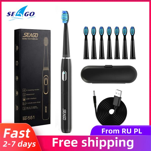 

seago sonic rechargeable electric toothbrush with 3 replacement brush heads 2 minutes timer & 4 brushing modes waterproof sg551