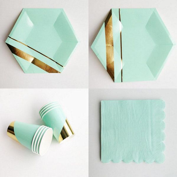 

disposable dinnerware gold blue paper tableware birthday party decorations kids adults plates napkins cups straws