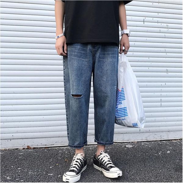 

summer jeans men's slim fashion washed solid color casual denim pants man streetwear wild hip hop trousers male clothes, Blue
