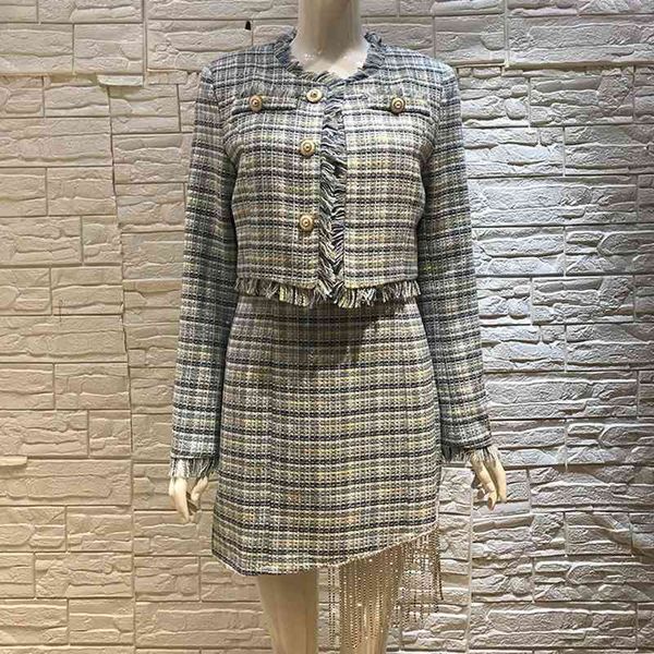 

two piece dress set women tassles autumn jacket+diamonds h1ne, White