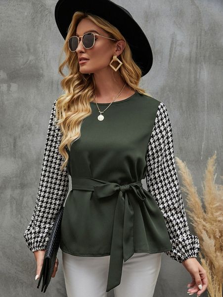 

houndstooth print lantern sleeve belted blouse s6lf#, White