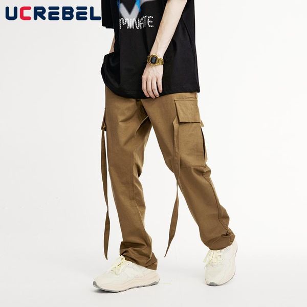 

men's pants multi-pocket cargo mens high street ribbon solid color casual streetwear loose straight-leg trousers men, Black