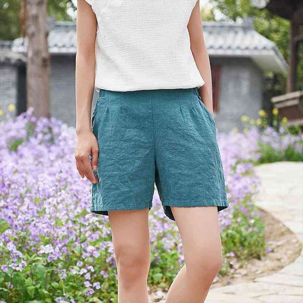 

style casual cotton linen shorts elastic waist women trouser summer solid color literary women shorts, White;black