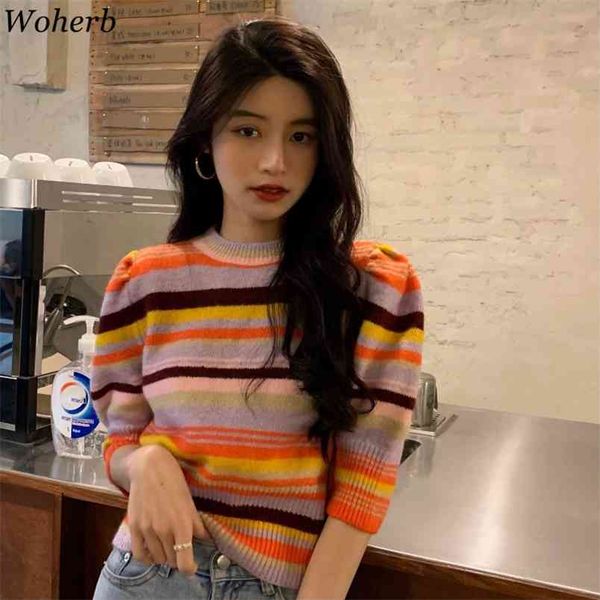 

women's short puff sleeve striped knit sweater bottoming t shirt spring summer slim korean casual 210519, White