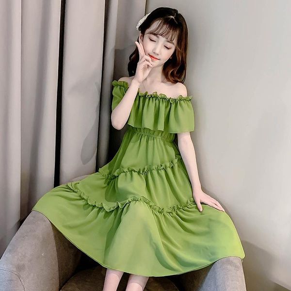 

girl's dresses europe 2021 summer chiffon teenager kids girls clothes mesh spiral green layered dress lace beach 4 5 6 7 8 9 10 11 12 y, Red;yellow