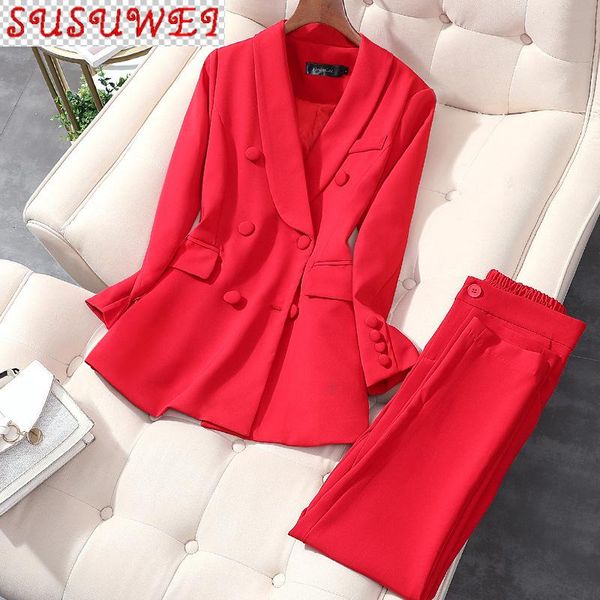 

5xl plus size women's suit pants professional wear interview double breasted red ladies jacket casual trousers two-piece two piece, White