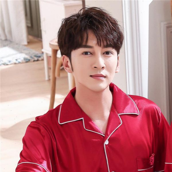 

couples lovers pajamas sets women sleepwear short sleeved summer pyjama loose men faux silk style couple pijama set pants, Black;red