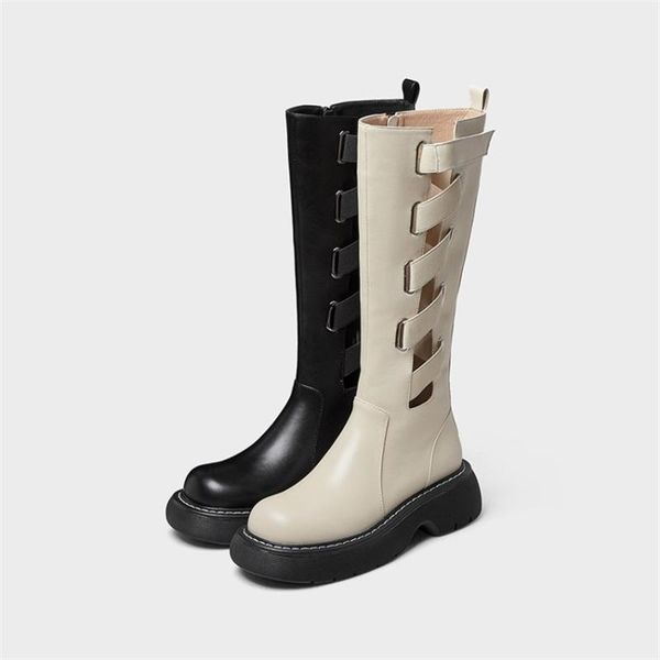 

boots women motorcycle shoes zipper knee high autumn winter round toe thick heels hollow genuine leather fashion boot, Black
