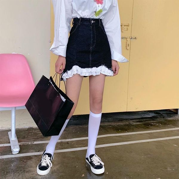 

skirts y2k jean women chic sweet lace patchwork mini female casual designer korean japanese style hajaruku, Black