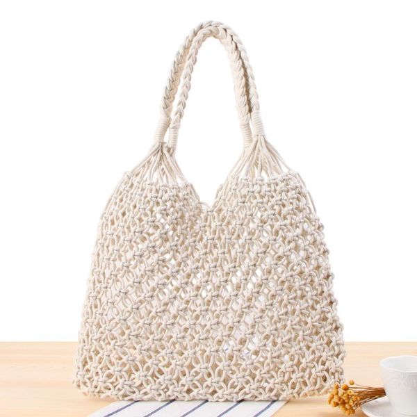 

evening bags solid color shoulder woven bag tide women's straw hand-made cotton rope net beach