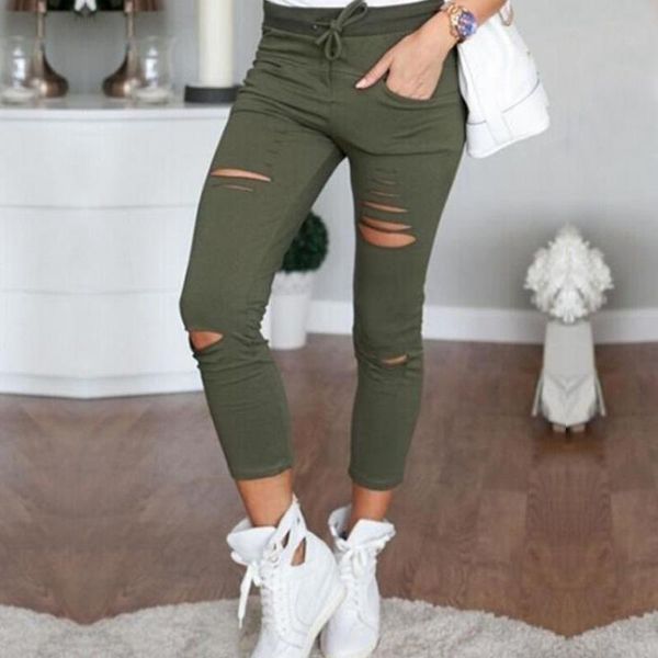 

womens ripped pencil pants pure color lace up high waist skinny slim jeggings ankle-length stretchy distressed leggings trousers women', Black;white