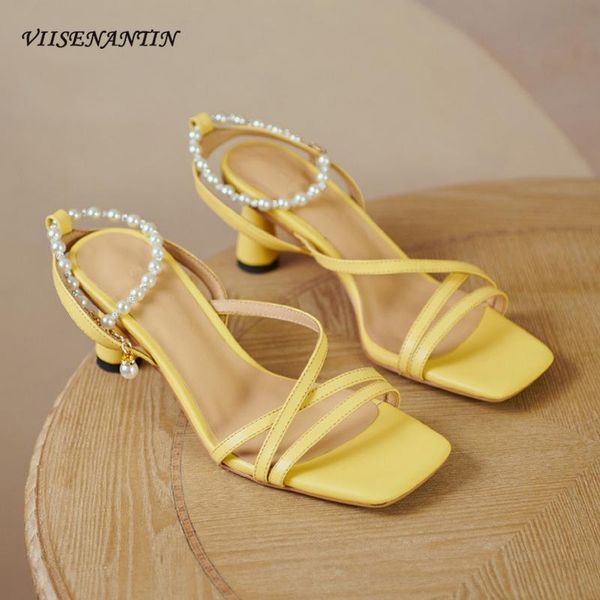 

sandals summer temperament pearl buckle square toe stiletto heel fashion shoes thin straps open yellow high, Black