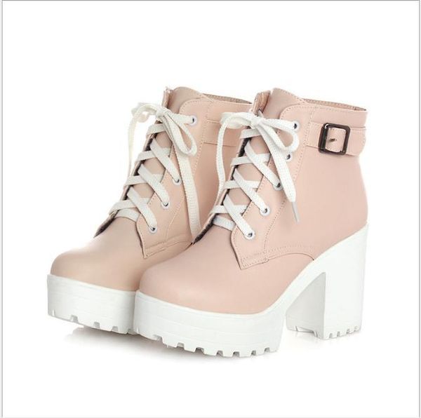 

boots large size booties, thick cake with lace, boots, women's, Black