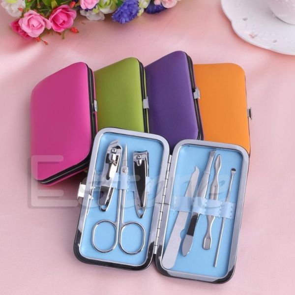 

7pcs portable manicure set nail care clippers scissors travel grooming kits case blue green pink orange purple1